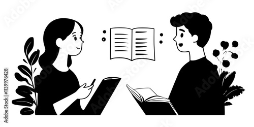 A person practicing phrases aloud with a language tutor, Vectorized Art