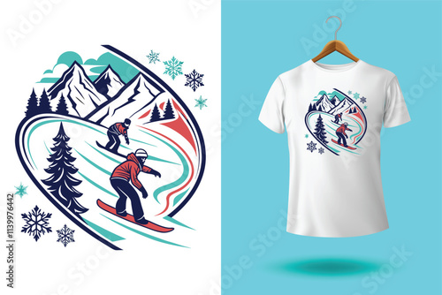 Ski winter sport vintage typography t shirt design with glasses and skier silhouette