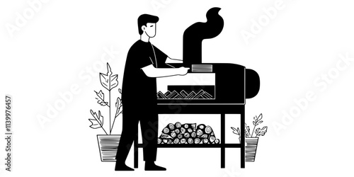 A person preparing wood chips in a smoker for slow-cooking food, Vectorized Art