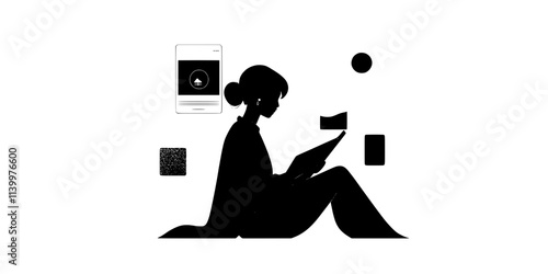 Person scrolling through a language learning app interface, Vectorized Art