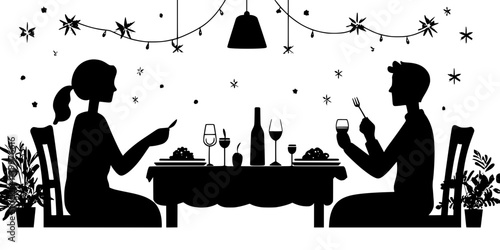 Person sitting at dinner table with host family during a homestay, engaging in conversation, Vectorized Art