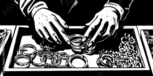 Person sorting through various rings and chains on a table during an exhibition, Vectorized Art