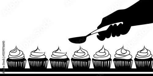 Person spreading icing over cupcakes displayed on a kitchen countertop, Vectorized Art