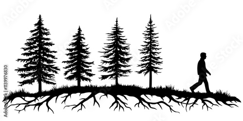 Person walking along a trail in a forest with visible roots on the ground, Vectorized Art