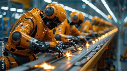 Engineer team assembling robot in car production line.