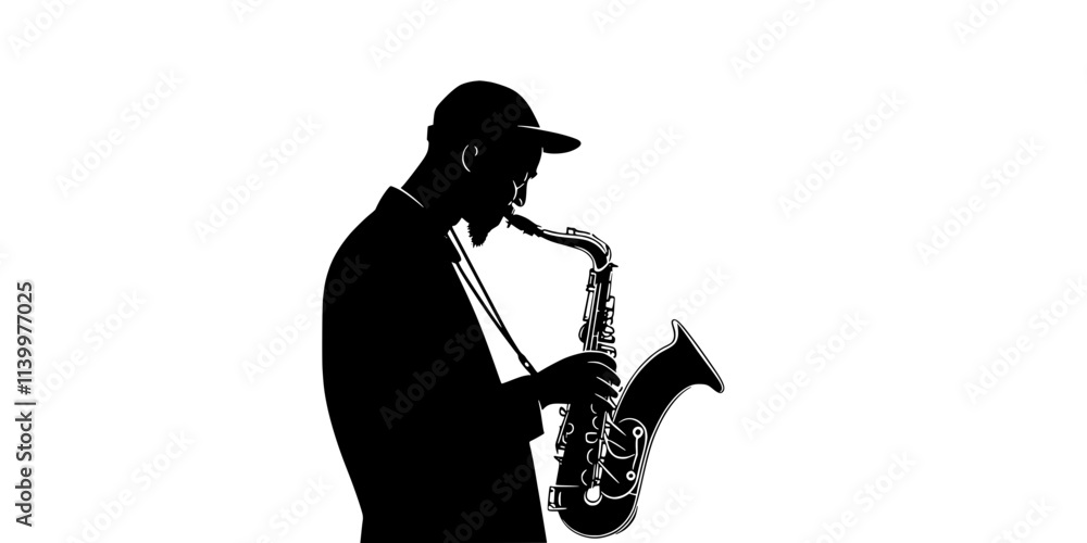 Naklejka premium A player adjusting the mouthpiece of a saxophone before starting to play, Vectorized Art