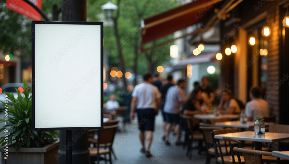 Obraz premium Small Mockup Billboard for Menu, Restaurant, Cafe, Dinner, Pedestrians in the City, Blurred Background on Wooden Table, Outdoor with Sunset Light
