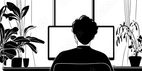 A person watching a language course video on their laptop screen, Vectorized Art