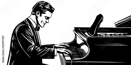 Pianist performing jazz improvisations in a lively evening jazz club, Vectorized Art