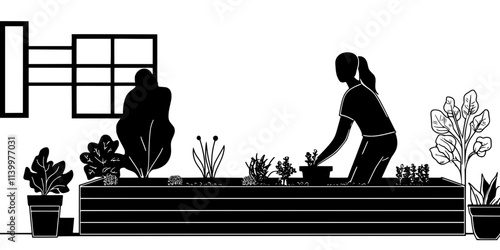 A person weeding a raised bed garden next to a patio area outdoors, Vectorized Art