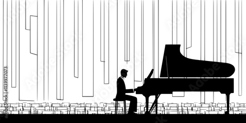 Pianist rehearsing for a performance in a spacious auditorium, Vectorized Art
