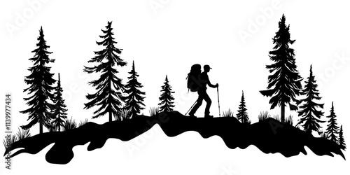Single hiker trekking down a wide trail bordered by tall trees, Vectorized Art