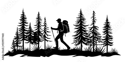 Solo hiker moving down a well-defined trail surrounded by tall trees, Vectorized Art