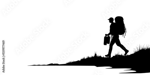 A solo hiker walking along a long-distance trail with a large backpack, Vectorized Art