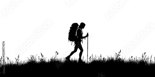 A solo hiker walking along a long-distance trail with a large backpack, Vectorized Art