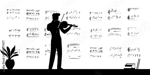 Solo violinist practicing scales in a quiet room with sheet music, Vectorized Art