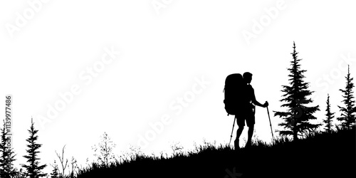 A solo hiker walking with a large backpack along a forest trail, Vectorized Art