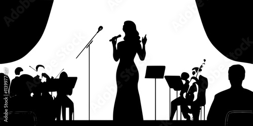A soprano performing a dramatic aria on stage with orchestral accompaniment, Vectorized Art