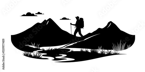 A solo hiker moving through an open, remote landscape with no visible trails, Vectorized Art