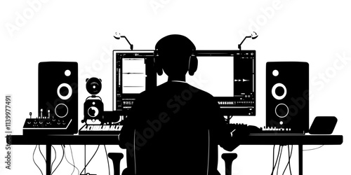 A sound designer blending instruments and effects to build a deep cinematic atmosphere, Vectorized Art