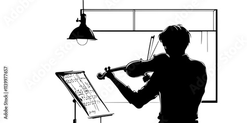 Violinist recording tracks in a studio for a collaborative music project, Vectorized Art