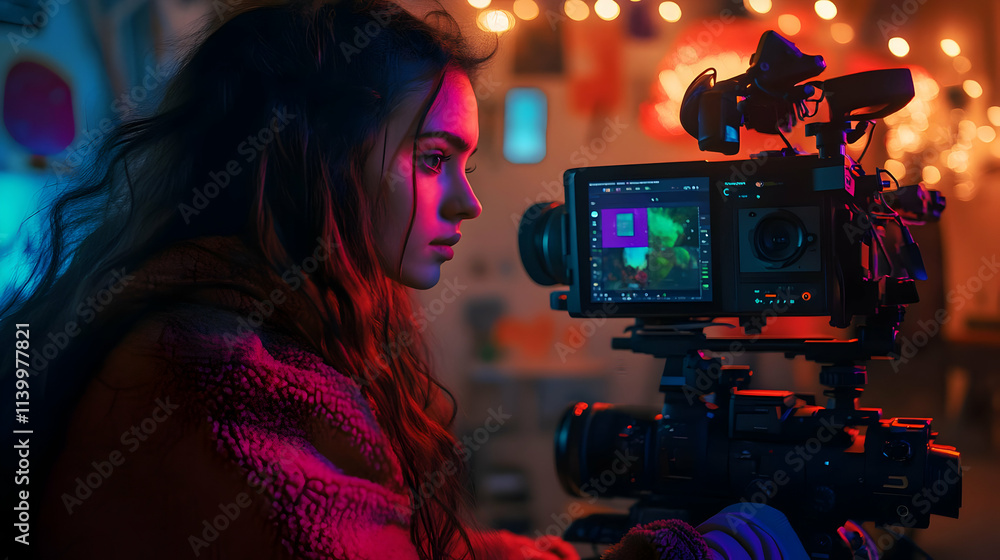 Filmmaking Woman Director Cinematic Neon Illustration Filmmaking Woman Director Cinematic Neon Illustration