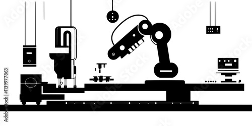 Automation robot installing components in a factory for increased production efficiency, Vectorized Art
