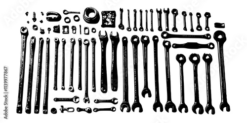 Array of old tools, including screwdrivers and wrenches, neatly arranged for sale, Vectorized Art