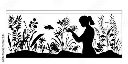 An individual arranging plants inside a reptile tank to create a natural living environment, Vectorized Art