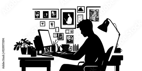 An individual arranging thematic stamps related to history inside a well-lit room, Vectorized Art
