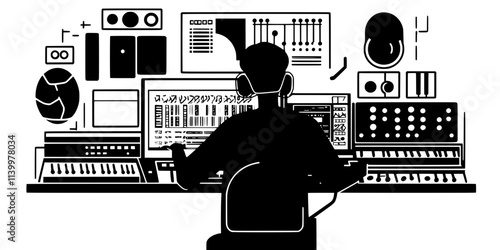 Artist layering electronic sounds using software in a personal studio, Vectorized Art