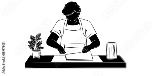 Artist pressing paper onto a freshly inked linocut block to create prints, Vectorized Art