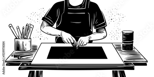 Artist removing the screen from the paper after completing a print run, Vectorized Art