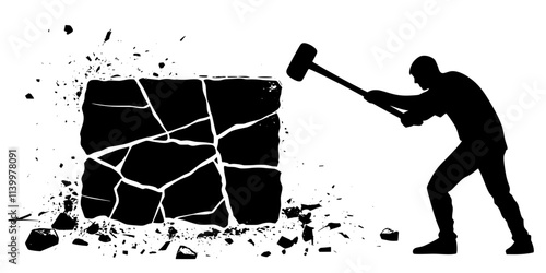 Artist using a mallet to break large sections from a stone block, Vectorized Art