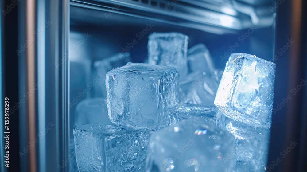 Macro shot of ice cubes with sharp edges and sparkling clarity, arranged neatly inside a commercial ice machine. Macro shot of ice cubes with sharp edges and sparkling clarity, arranged neatly inside a commercial ice machine.