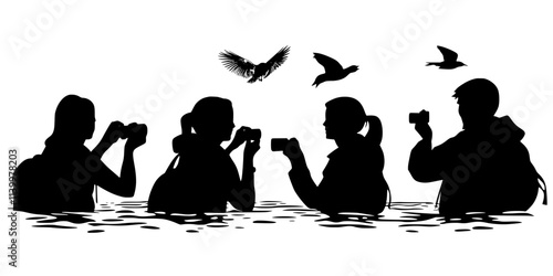 Birdwatchers framing shots with natural elements to capture bird behavior authentically, Vectorized Art