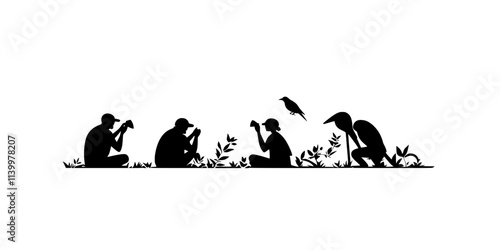 Birdwatchers observing birds resting and feeding before continuing their migration journey, Vectorized Art