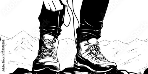 Backpacker lacing hiking boots before starting a long trek through mountainous terrain, Vectorized Art