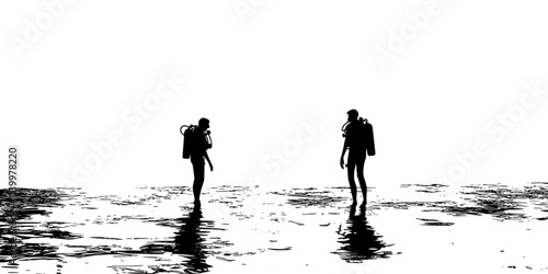 Diver preparing to descend into the water with an instructor for a guided scuba diving tour, Vectorized Art