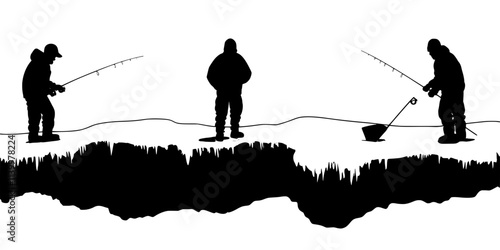 Fishers maintaining ice holes while watching fishing lines, Vectorized Art