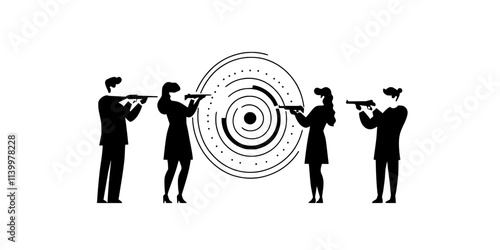 Gamers discussing strategies while aiming and shooting at targets in the game, Vectorized Art