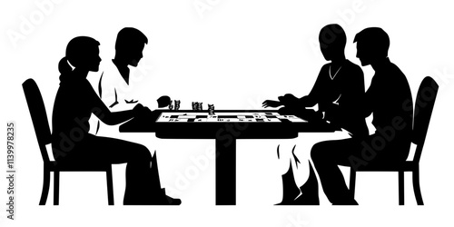 Family members sitting around a table taking turns moving pieces across the game board, Vectorized Art
