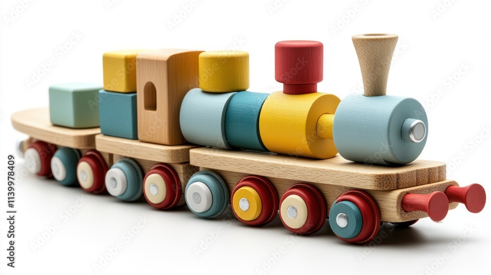 Colorful wooden toy train with blocks on a white background. (2)