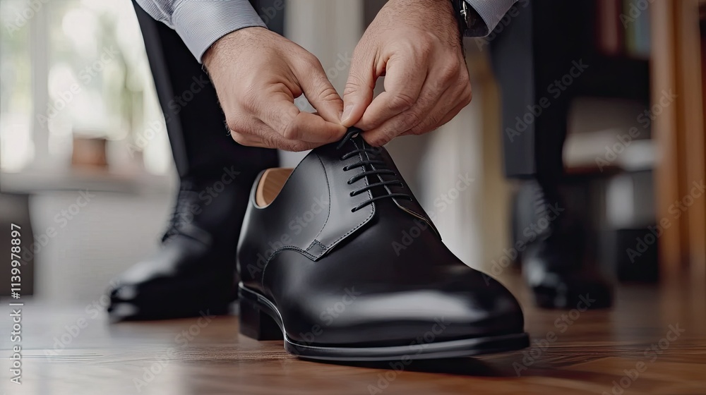 Man tying the laces of sleek black leather formal shoes in a modern office environment. Man tying the laces of sleek black leather formal shoes in a modern office environment.