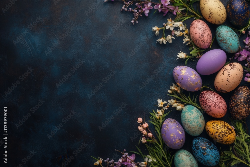 Obraz premium Colorful Easter eggs, bright Easter-themed background. Illustration of the concept of Easter