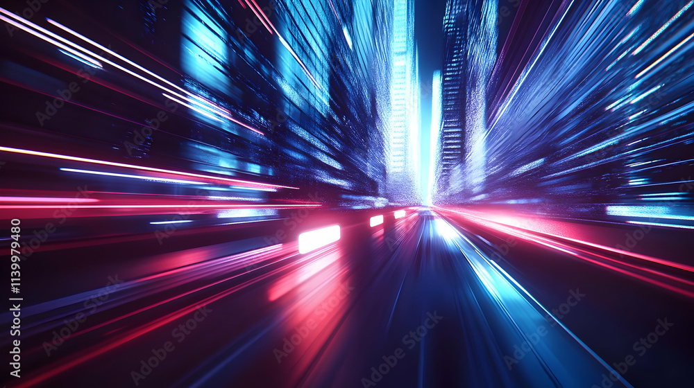Obraz premium Abstract 3D Cityscape Background: Neon Lights and Speed