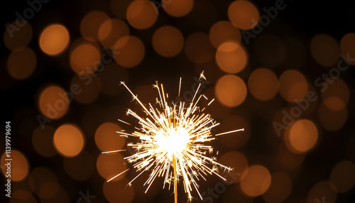 Beautiful Christmas sparkler on dark background with blurred lights isolated . Shades of white., png