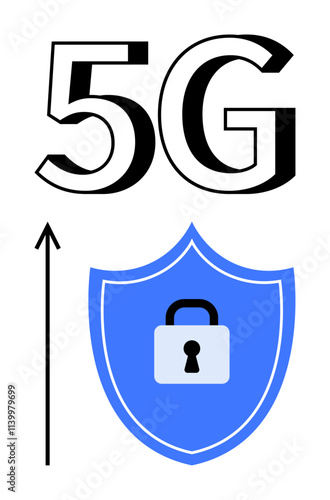 Bold 5G text arrow and blue shield with padlock symbolizing speed connectivity, security, and innovation. Ideal for tech advancements, security, connectivity, innovation, speed, technology