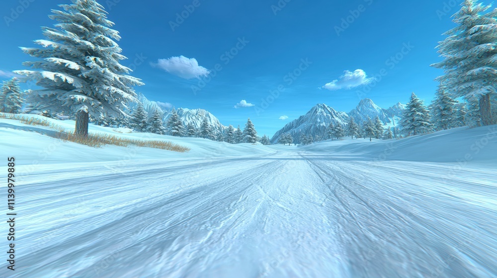 Obraz premium Scenic Winter Wonderland Snowy Mountain Road Ski Tracks Frozen Landscape