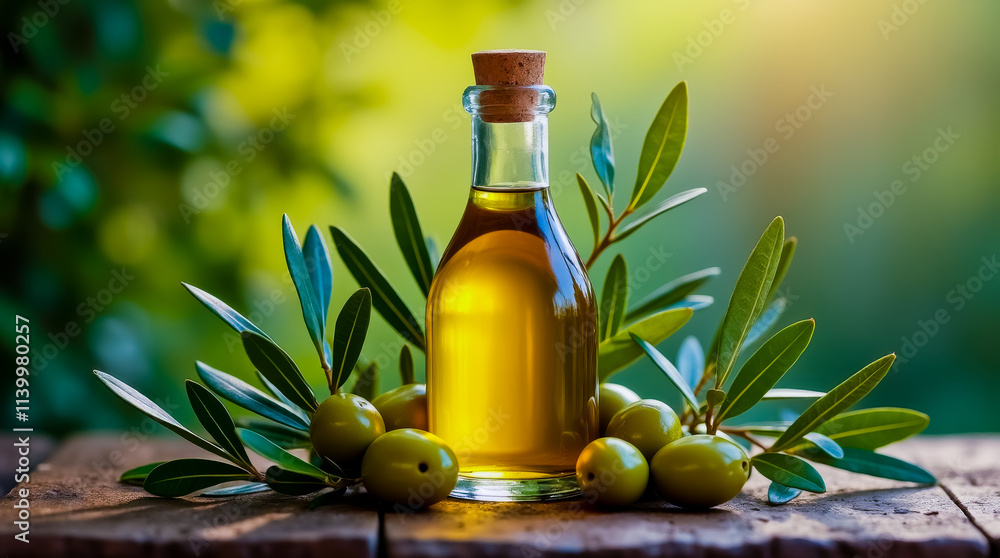 A bottle of olive oil is surrounded by green leaves and olives A bottle of olive oil is surrounded by green leaves and olives